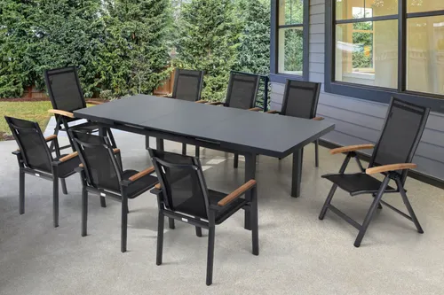 OUTFLEXX Premium Garten-Essgruppe, OUTFLEXX® anthrazit matt, Alu / Glas / Teak, Tisch 180/240 x 100cm, 6 Stapelsessel, 2 Klappstühle