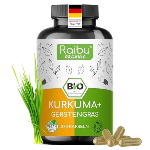 BIO Kurkuma Gerstengras Kapseln - 4200 mg täglich, 270 Kapseln - Pflanzliches Ergänzungsmittel Kurkuma, hochdosiert und vegan, ideal für bewusste Ernährung ohne Zusatzstoffe, in Deutschland produziert.