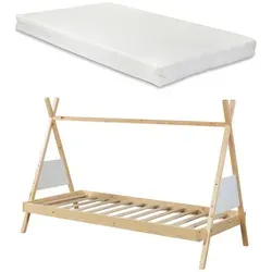 Kinderbett Tipi-Bett 'Siikajoki' mit Matratze 90x200cm - Kinderbett in zauberhafter Tipioptik, ideal für kleine Abenteurer. Mit pflegeleichter Oberfläche und Platz für Girlanden, sorgt es für eine gemütliche Atmosphäre und süße Träume.