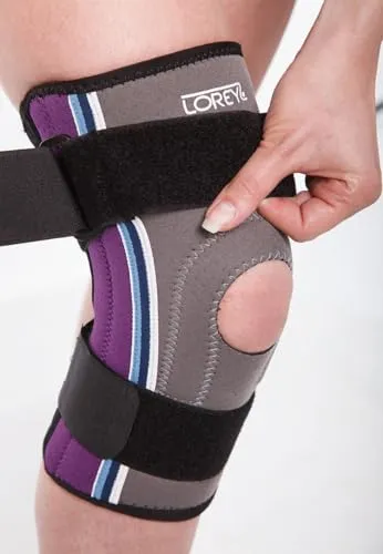 LOREY Verstellbare Kniebandage für Frauen und Männer, Kniestütze aus offenporigem Neopren, Knieorthese mit Seitenstabilisatoren, für Fussball, Laufen oder Fitness, linkes und rechtes Knie, Größe M