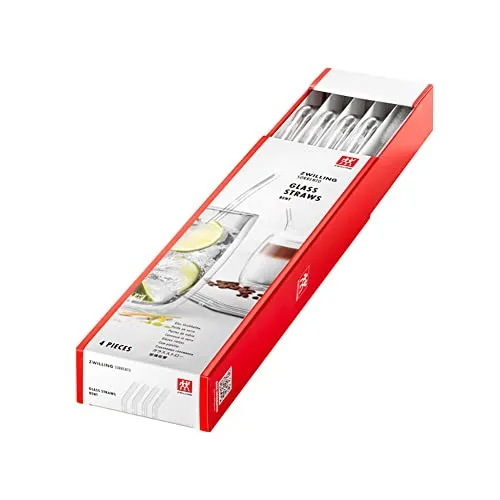 ZWILLING Sorrento Glasstrohhalme, Nachhaltig und wiederverwendbar, Borosilikatglas, Für Kalt- und Heißgetränke, 4 Stück, Länge: 23 cm, Gebogene Form, Farbe: Transparent, Inkl. Reinigungsbürste