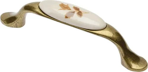 GTV Möbelgriff 728P, BA 96 mm, Zamak und Porzellan, Oberfläche: Altmessing, Motiv: autumn rose