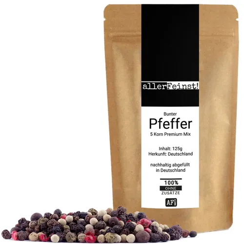 allerfeinst - Bunter Pfeffer ganz  Premium 5 Pfefferkorn für Pfeffermühle - 125g