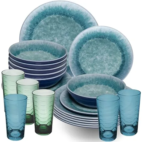 Melamin Geschirr Set Adria Blue für 6 Personen 24 Teile Blau 260ml Acryl
