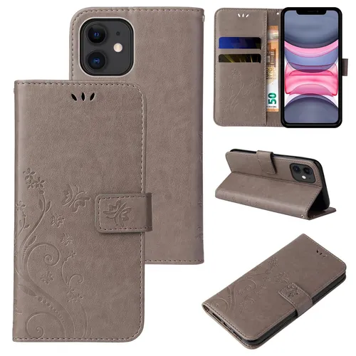 Handy Tasche für Apple iPhone 11 Handyhülle Blumen Buch Klapp Cover Case Grau