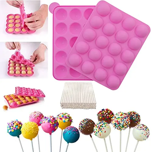 Junxave Bpa frei, Silikon-Popformen & Eiswürfelschalen mit 120 Sticks für Kuchen, Lutscher, Süßigkeiten, Gummibärchengelee Rosa