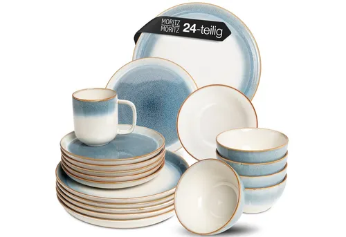 Moritz & Moritz TARENTO Geschirrset für 6 Personen - Elegantes 24-tlg. Set in Blau - Kombiservice aus hochwertigem Steinzeug mit modernem Design. Robuste Teile, spülmaschinen- und mikrowellengeeignet, ideal für den täglichen Gebrauch und besondere Anlässe.