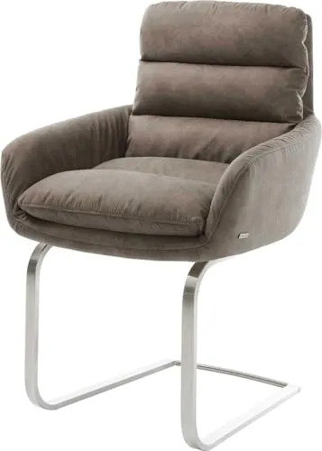 DELIFE Polsterstuhl Abelia-Flex - Eleganter Freischwinger mit Armlehnen - Polsterstuhl Abelia-Flex in Taupe Vintage, bietet hohen Sitzkomfort und eine edle Optik durch handgebürstetes Edelstahl. Ideal für stilvolle Essbereiche.