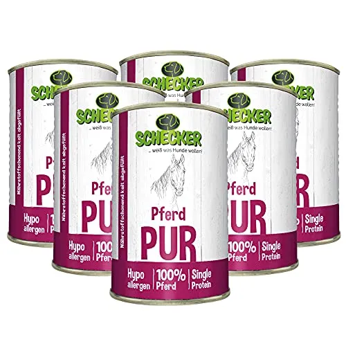 Schecker Nassfutter - 100% Pferd pur - Hundefutter, getreidefrei und hypoallergen, ideal für empfindliche Hunde mit besonderen Ernährungsbedürfnissen.