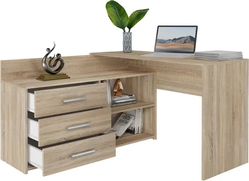 BDW Eckschreibtisch, 3 Schubladen 2 Regale, Eiche Sonoma, 120x7x50 cm