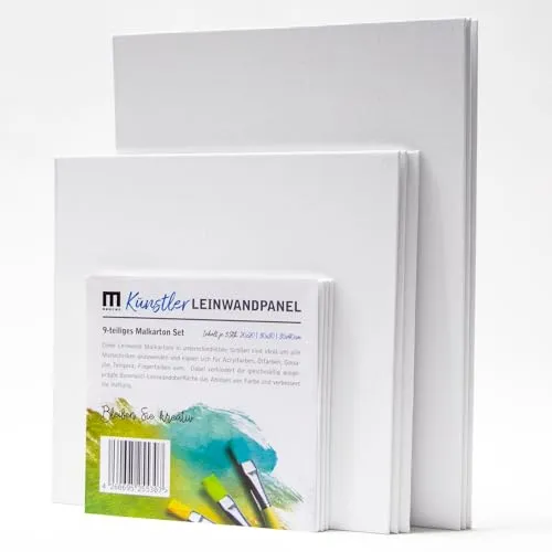 Künstler Leinwand Malkarton (9 Stück) zum Bemalen Set, Je 3 Stk 20x20cm, 30x30cm und 30x40cm - Vorgrundiertes Canvas aus 100% Baumwolle, verarbeitet zu 3mm starker Malpappe, 2-fach weiß grundiert