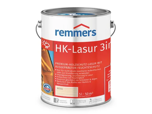 Remmers HK-Lasur 3in1 weiß, 5 Liter – Premium Holzlasur für außen - Beizen – Exzellenter Holzschutz für den Außenbereich, vereint Imprägnierung, Grundierung und Lasur in einem Produkt. Ideal für Zäune und Gartenhäuser, schützt vor Feuchtigkeit und UV-Strahlung.