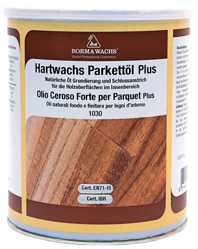 BORMA Holzöl 1 L HARTWACHS PARKETTÖL PLUS 1030 - Hartwachs-Parkettöl für unsichtbaren, starken Holzschutz. Es sorgt für eine schmutzabweisende, samtige Oberfläche und bewahrt die natürliche Schönheit Ihres Holzes. Ideal für Parkett und andere Holzoberflächen im Innenbereich.