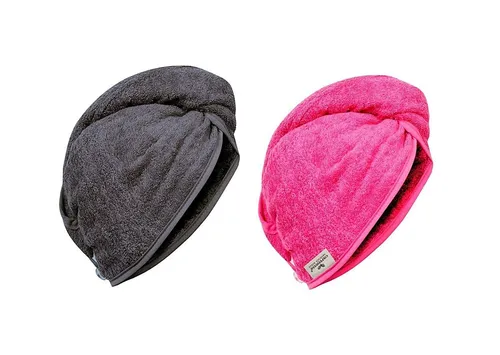 Carenesse Haarturban Baumwolle 2er Set I 2X stabiles Turban Handtuch mit Knopf & Schlaufe pink/grau I Haarhandtuch saugstark zur schonenden Haartrocknung OHNE Plastik