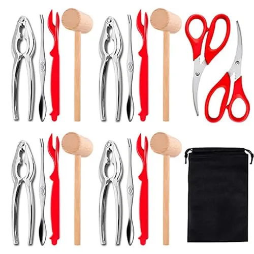 19-teiliges Edelstahl-Krabben- und Hummer-Werkzeug-Set – Professionelle Schalentier-Knallbonbons mit Schlägeln, Gabeln, Scheren und Aufbewahrungstasche, Meeresfrüchte-Schäl-Set für Zuhause und