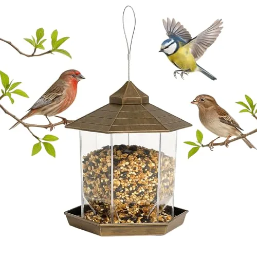 GloBrite Vogelfutterspender Gartenornament - Vogelfutterspender - Hängender Vogelfutterspender - Allwetter-Vogelfutterspender hängende Futterstation für Wildvögel, sechseckig geformt mit Dach für