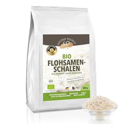 GOLDEN PEANUT Flohsamenschalen Bio 500 g 95% Reinheit, Indien, ballaststoffreich, glutenfrei vegan, Naturprodukt (500 g Beutel)