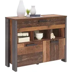FORTE Clif Kommode - Vintage Stil mit 2 Türen und 1 Schublade - Kommode in Old-Wood Vintage/Betonoptik Dunkelgrau, bietet viel Stauraum und elegante Ablagen für Dekoration. Ideal für ein stilvolles Ambiente!