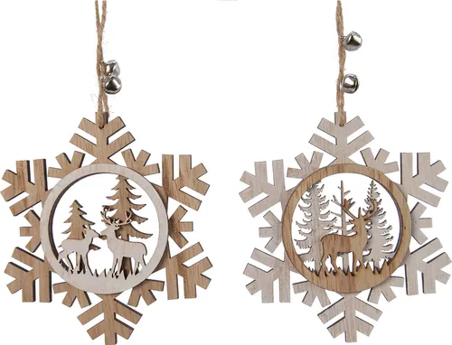 Christbaumschmuck Holz Schneeflocken mit Hirsch 12cm 1 Stück sortiert