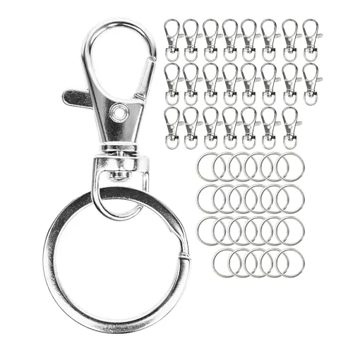 Karabinerhaken Schlüsselanhänger mit Schlüsselringen, 24 Pack, mit 24 x 10 mm D-Ring Karabiner Haken und 24 x Ø 25 mm Spaltring, Taschenkarabiner 360° Grad drehbarem Schlüsselring, Metall Ringe