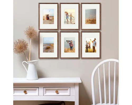 PHOTOLINI Bilderrahmen Echtholz 6er Set 21x30 cm / A4 mit Passepartout, mit Acrylglas