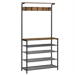 VASAGLE Garderobenbank HSR408B01 mit Haken und Schuhrost - Drohnen-Zubehör: Stilvolle Garderobenbank mit 5 Haken und einer praktischen Ablage für Ordnung im Flur, gefertigt aus robustem Stahl und Holzspanplatte.