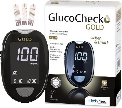 GlucoCheck Blutzuckermessgerät GlucoCheck Gold, Smartes Diabetes-Spar-Set - Blutzuckermessgerät mit beleuchtetem Teststreifeneinschub, Bluetooth und USB-Schnittstelle für präzise Messungen in nur 5 Sekunden. Ideal für Diabetiker, kompakt und benutzerfreundlich.