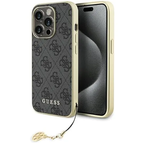 GUESS GUHCP15LGF4GGR Schutzhülle für iPhone 15 Pro 6,1 Zoll, Grau, Hartschale, 4G, Kollektion Charms