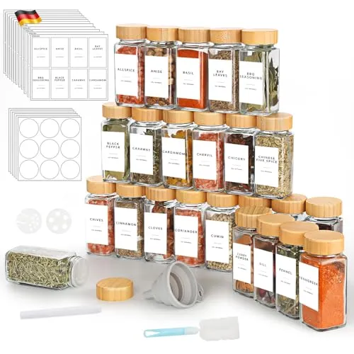 Lannvan Gewürzgläser Eckig Set [24 x 120ml] mit Bambus Deckel, Gewürzdosen mit 246 Etiketten, Gewürzstreuer Spice Jars Gewürzbehälter mit Trichter, Leeren Aufklebern, Reinigungsbürste, Sieben