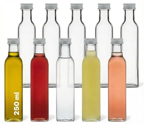 gouveo 10er Set Glasflaschen 250 ml (0,25 l) Glasflasche 250 ml Maraska-Form eckig Klarglas PP31,5 mit Schraubdeckel silberfarben, leere Flaschen zum Befüllen für Likör, Sirup, Öl & Essig (MFET250S)
