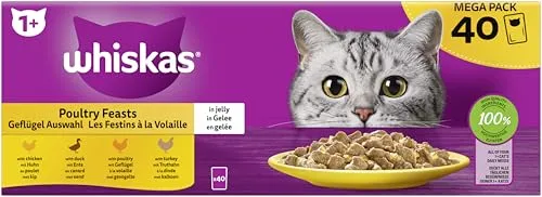 WHISKAS® Multipack Portionsbeutel 1+ Geflügel Auswahl 4 Varietäten Huhn, Ente, Geflügel, Truthahn in Gelee 40x85g