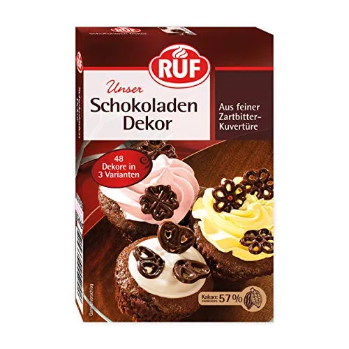 RUF Schokoladen-Dekor, 48 Ornamente aus Zartbitter-Kuvertüre, zum Garnieren & Dekorieren von Torten, Kuchen, Gebäck & Eis, glutenfrei & vegan,1 x 38g