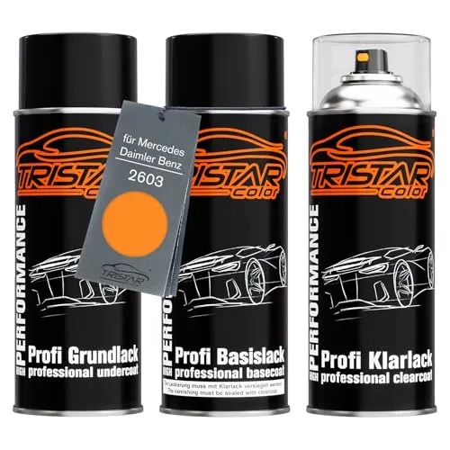 Produktbild TRISTARcolor Autolack Spraydosen Set für Mercedes/Daimler Benz 2603 Tieforange/Deep-Orange Grundlack Basislack Klarlack Sprühdose 400ml