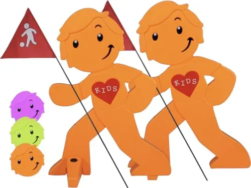 StreetBuddy Warnschild Warnfigur, Warnaufsteller für Kindersicherheit (2 St) - Hinweisschilder zur Sicherheit von Kindern, mit reflektierenden Aufklebern für gute Sichtbarkeit auch bei Dunkelheit. Ideal für Vorgärten, um Autofahrer rechtzeitig zu warnen.
