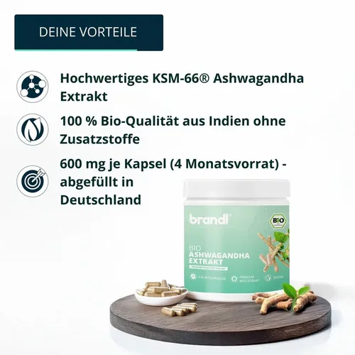 brandl® BIO Ashwagandha Kapseln hochdosiert | KSM-66® Extrakt 600mg - Ashwagandha Kapseln aus hochwertigem KSM-66 Extrakt, ideal für Stressbewältigung und mehr Energie. 120 Kapseln bieten einen 4-Monatsvorrat für optimale Unterstützung.
