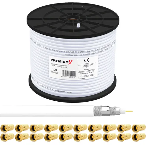 100m Koaxialkabel 135dB - Hochwertiges SAT TV Kabel mit 20 Stecker - HiFi-Kabel mit Metermarkierung für präzise Installation, ideal für FULLHD, UHD 4K und 8K, inklusive 20 F-Steckern für sofortige Verwendung.