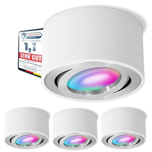 SSC-LUXon 4er Set CELI-1WM Aufbaustrahler - Smart Deckenstrahler mit WiFi LED RGB+ - Deckenspots mit schwenkbarem Design, steuerbar per Smartphone oder Sprachbefehl, kompatibel mit Alexa, Siri & Google – für individuelle Lichtatmosphären!
