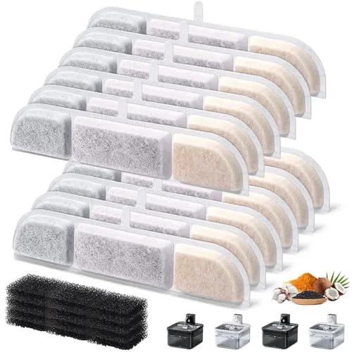 Acsatont Katzenbrunnen Filter, 24 Stück Ersatzfilter für Katzenbrunnen, 12 Stück Filter + 12 Stück Schaumstofffilter, Gesunde und Hygienische Filter für Haustier Wasserspender DPWFP6