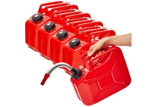 BW® Metall Benzinkanister 5x 10 Liter mit Ausgießer - Rot - Robuster und zugelassener Benzinkanister aus pulverbeschichtetem Stahl. Ideal für sicheres Betanken in unter 25 Sekunden. Inklusive flexiblem Ausgießer für sauberes Handling. Vielseitig einsetzbar für verschiedene Kraftstoffe.