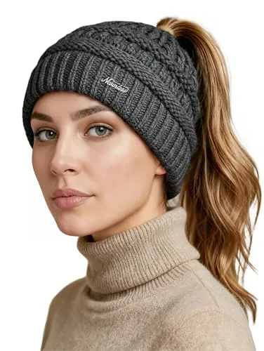 Neverless® Damen Strickmütze Mütze Zopfloch Grobstrick Ungefüttert Wintermütze Langhaar Frauen Dunkelgrau Unisize