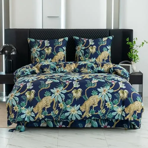 Cotton Market Bettwäsche 200x200 cm - Bettwäsche Mikrofaser Baumwolle - Herbst Bettwäsche-Sets 3 Teilig ‎mit Reißverschluss - Blumen Bettbezug mit 2 Kissenbezug 70x80 cm - Wildcat/Grün