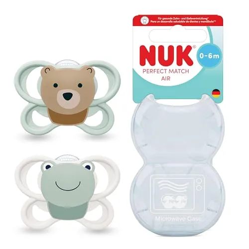 NUK Perfect Match Air Baby Schnuller | 0-6 Monate | Orthodontische Schnuller, die Luftzirkulation fördern & Speichel-Ausschlag verhindern | 95% Baby-Akzeptanz** | Bär/Frosch | 2 Stück