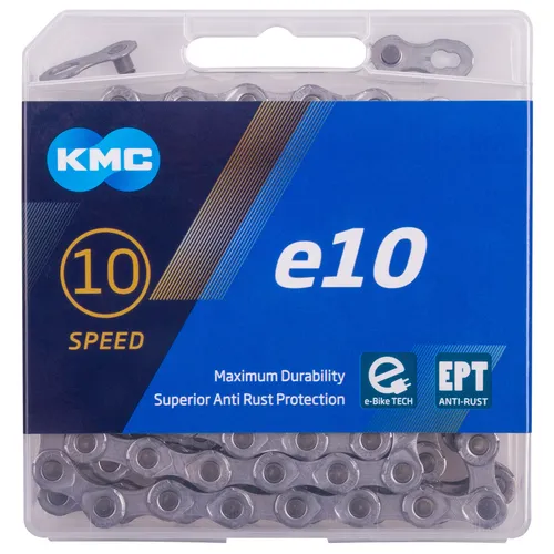 KMC Fahrradkette E10 EPT, 136 Glieder, 10-fach für E-Bikes - Hochwertige 10-fach Fahrradkette mit 136 Gliedern, ideal für E-Bikes. Einfache Montage dank Missing-Link-Kettenschloss und verstärkten Verbindungen für hohe Belastungen.