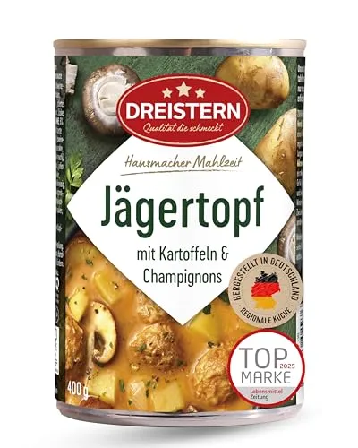 DREISTERN Jägertopf 400g I Mit Kartoffeln & Champignons I Herzhaftes Fertiggericht in recyclebarer Konservendose I Lange Haltbarkeit dank natürlicher Konservierung I Hausmacher Qualität