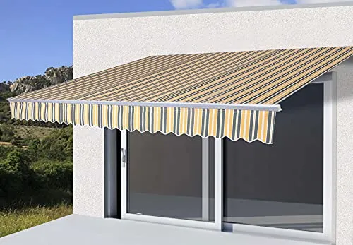 Mendler Alu-Markise HWC-E49, Gelenkarmmarkise Sonnenschutz 2,5x2m - Polyester grau-gelb gestreift