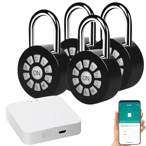 Xcase Kellerschloss Bluetooth: 4er Metall-Vorhängeschloss mit Zahlencode und App, IP65 + Gateway (Passwortschloss, Master-Code-Schloss)