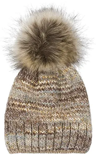 styleBREAKER Unisex Strick Bommelmütze bunt Gemustert mit Alpaka Anteil und Fleece Futter, Winter Fellbommel Mütze 04024179, Farbe:Braun-Beige-Grau