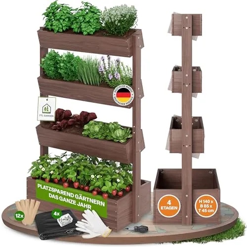 TTL GARDEN Vertikal Hochbeet 4 Etagen aus Holz 140x85x45cm braun - Vertikalbeet & Kräuterhochbeet mit 4 Etagen & Folie - Tannenholz wetterfest - Blumenkasten Kräutertreppe für Balkon Garten Terrasse