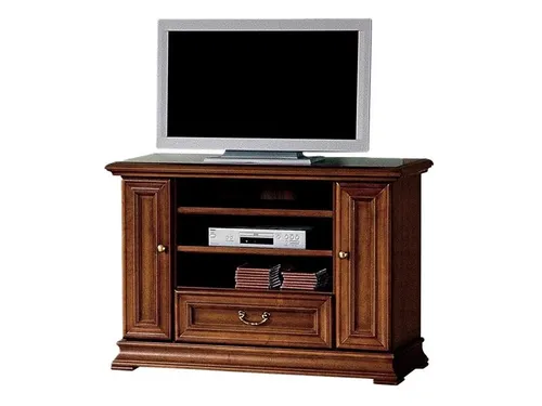 TV-Schrank Lowboard Art déco aus Holzfurnier - Eleganter TV-Schrank im Art déco Stil, gefertigt aus hochwertigem Holzfurnier. Mit 1 Schublade und 3 Regalfächern bietet er viel Stauraum für Ihre Unterhaltungselektronik. Maße: 109 x 48 x 77 cm.