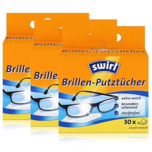 Swirl Brillen-Putztücher 30 einzeln verpackte Tücher in Spenderbox - Anti-Beschlag-Effekt - Extra weich und schonend - Fettlösend - Streifenfrei (3er Pack)